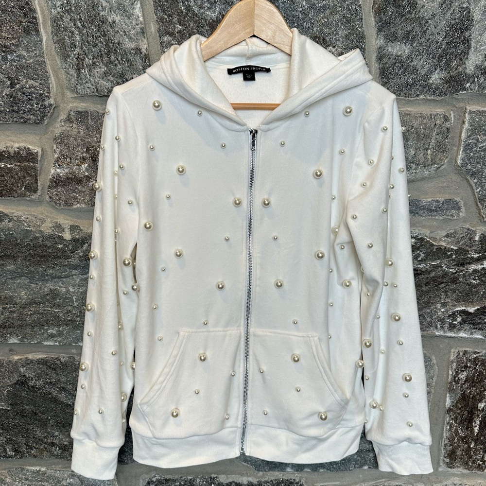 White Zipper Hooded Jacket with Pearl Embellishment, SOFT, size S Boston Proper - Picture 4 of 12